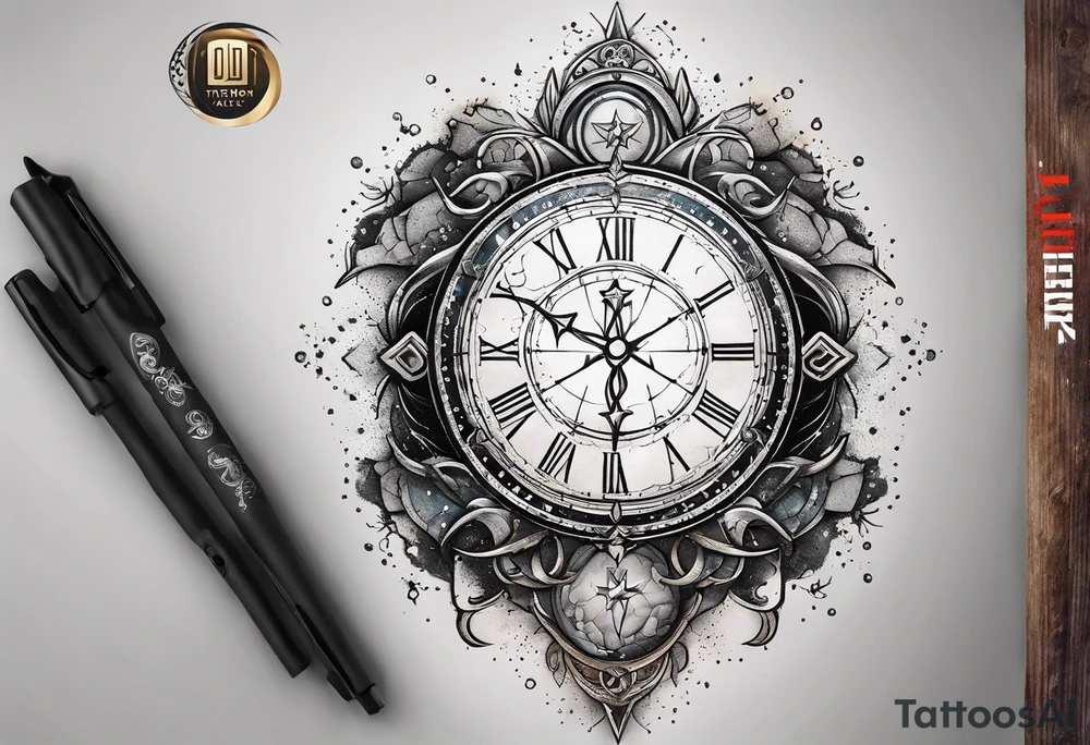 Matter, energy, space and time with an old stone theta symbol with stars in the background and Scorpio constellation tattoo idea