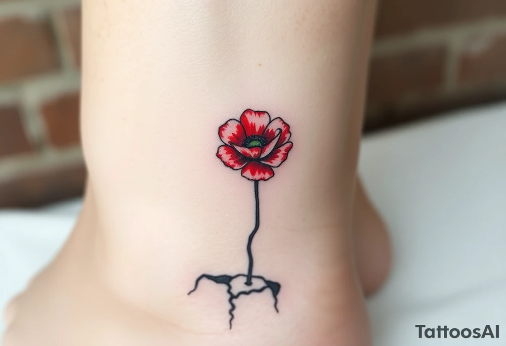 One line only drawing, artsy style, poppy growing up from cracks in pavement, red watercolor airbrush on poppy only, back of ankle/heel or back of upper arm, more artistic rendering of cracks, very minimal/simplistic design tattoo idea