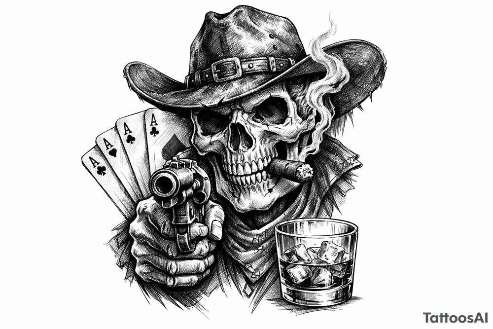 skull with cowboy-hat and cigar in his mouth,a gun in a hand,playing cards,whiskey-glass. tattoo idea