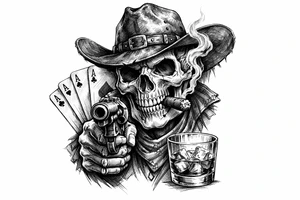 skull with cowboy-hat and cigar in his mouth,a gun in a hand,playing cards,whiskey-glass. tattoo idea