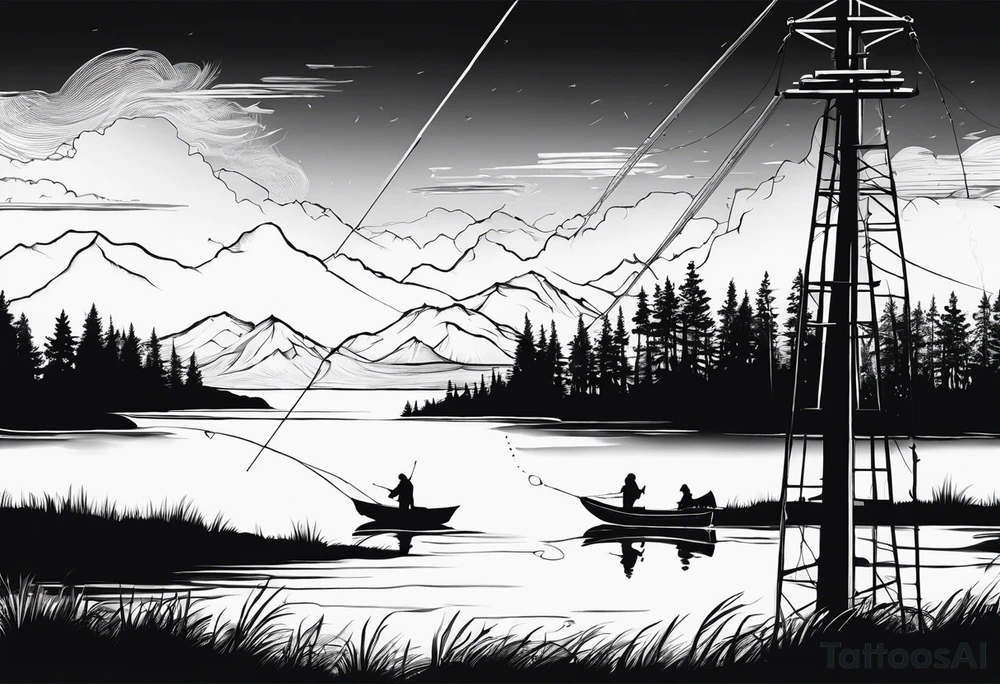 silhouette of landscape and fishingpole and line tattoo idea