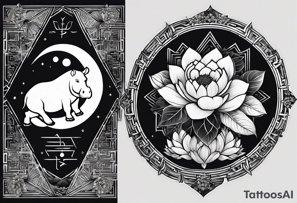 Very asymmetrical, +geometric pattern, with realistic full moon, with serious looking hippo, +zen feel, + Buddhism touch, +tribal, +geometric, +chinese inkart 
with wintersweet flower bud, +portrait orientation, +inkart touch, tattoo idea