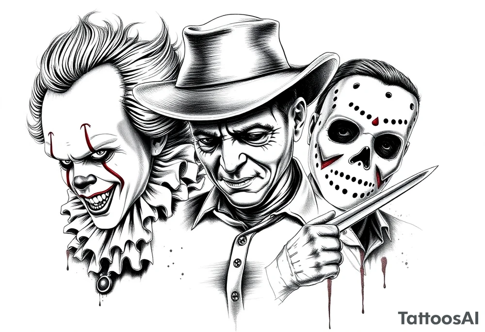 Pennywise, Freddy Krueger, Michael Meyers, jason voorhees, and chucky tattoo idea