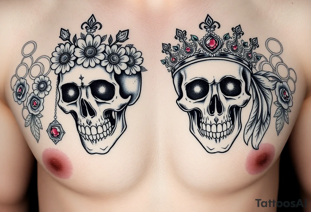 ornate man and woman’s skulls both adorned with a crown and the woman’s skull should have a crown of wild daisies roses with Thornes. The mans should have emeralds. With a background of gold coins and rubys treasure tattoo idea