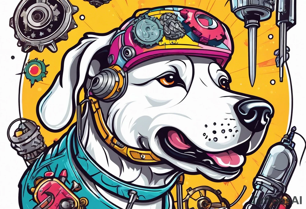 White dog fixing his mechanical brain with screwdriver tattoo idea