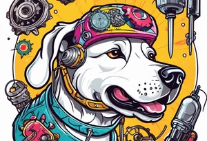 White dog fixing his mechanical brain with screwdriver tattoo idea