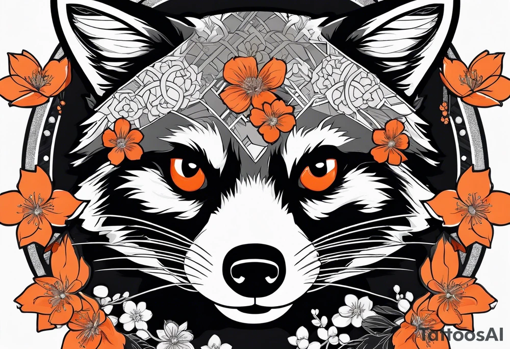 Raccoon wearing a white Superman logo on a black hoodie and orange Japanese cherry blossoms beside tattoo idea