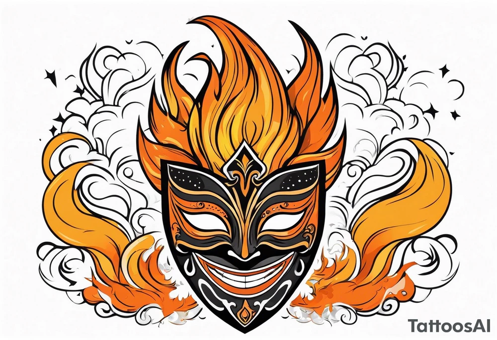 Laughing Male masquerade mask with orange and black smoke tattoo idea