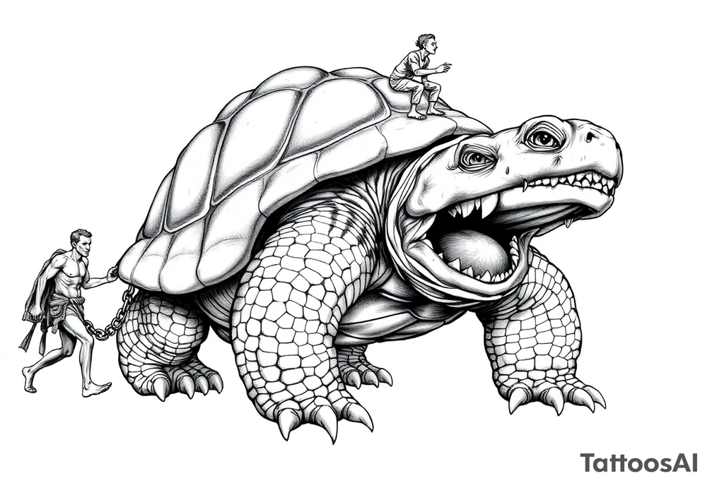 A giant walking 2 slaves on a chain leashan angry turtle with huge teeth with a little man riding on his back tattoo idea