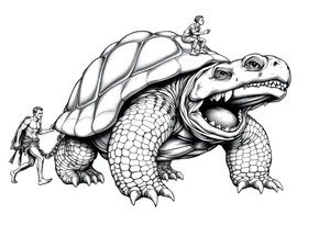 A giant walking 2 slaves on a chain leashan angry turtle with huge teeth with a little man riding on his back tattoo idea