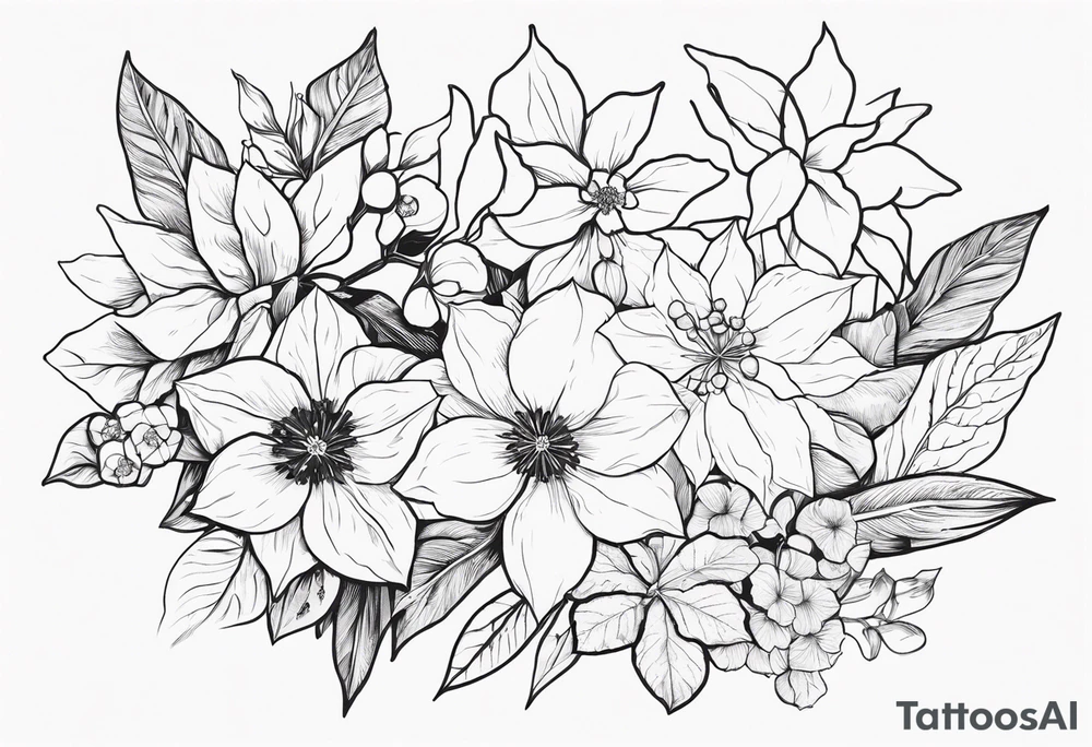 Narcissus, Poinsettia, Holly, Gladiolus, Poppy, Daisy, Sweet Pea and Hydrangea tattoo idea