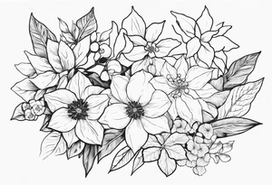 Narcissus, Poinsettia, Holly, Gladiolus, Poppy, Daisy, Sweet Pea and Hydrangea tattoo idea