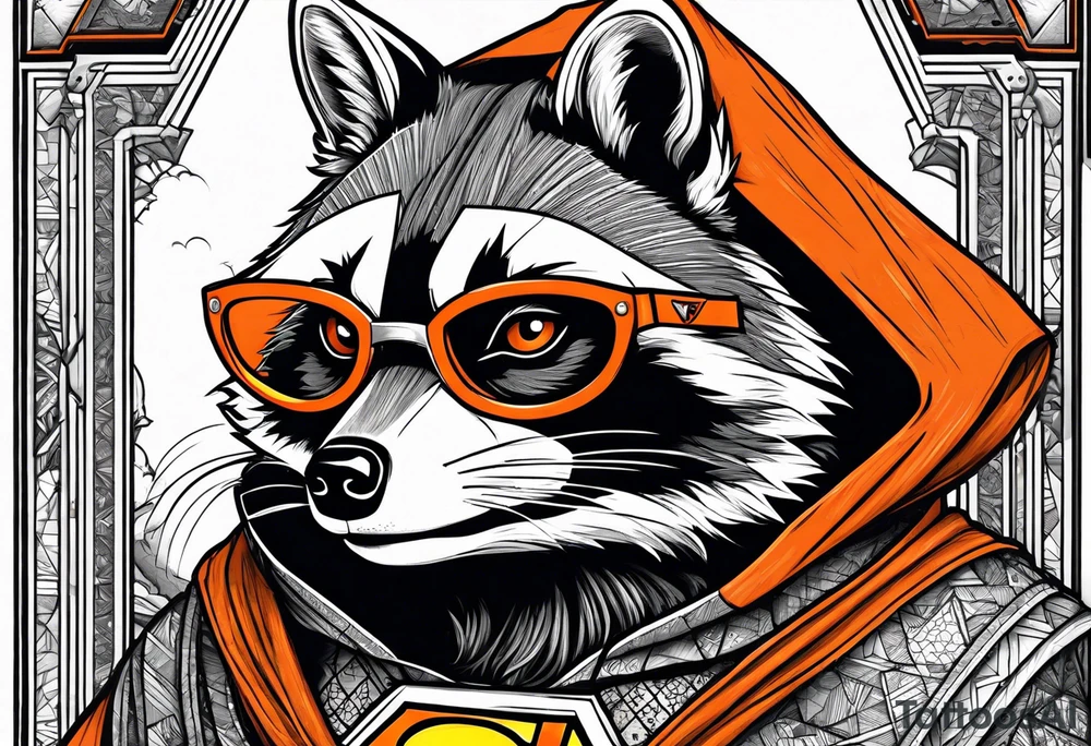 Raccoon wearing an orange Superman hoodie tattoo idea