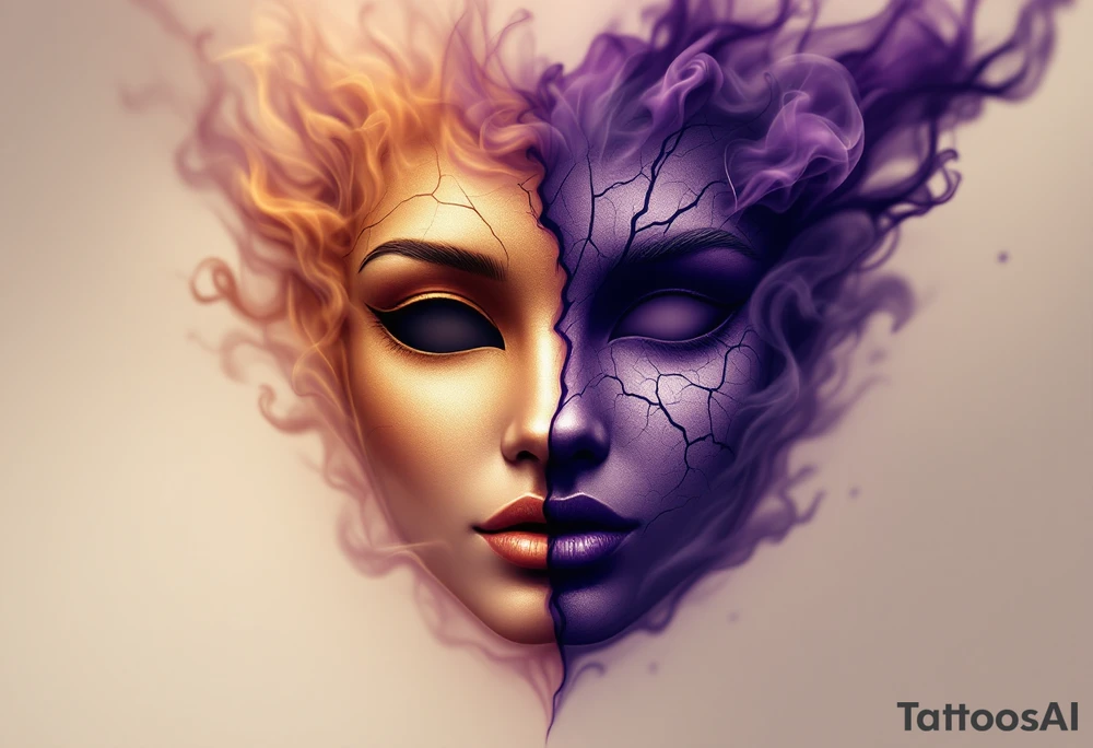 A split mask—one side is golden, smooth, and radiant, representing purity and wisdom, while the other is dark violet, cracked, and shadowed, exuding mystery and danger. The mask floats with swirling smoke around it, emphasizing the duality of good and evil. tattoo idea