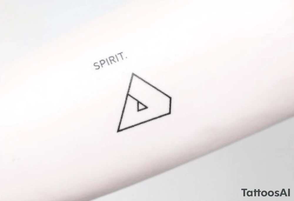 A minimalist tattoo of three interlocking triangles arranged in a way that forms a geometric symbol. Each triangle is thinly outlined and overlaps slightly. Above the design, the words 'SPIRIT,' 'MIND,' and 'BODY' are written in simple font, representing the connection between these three concepts. The tattoo is located on the inner forearm and is drawn in black ink on a light skin tone background. Without text!
three full triangles


Without text!
Without text!
Without text! tattoo idea