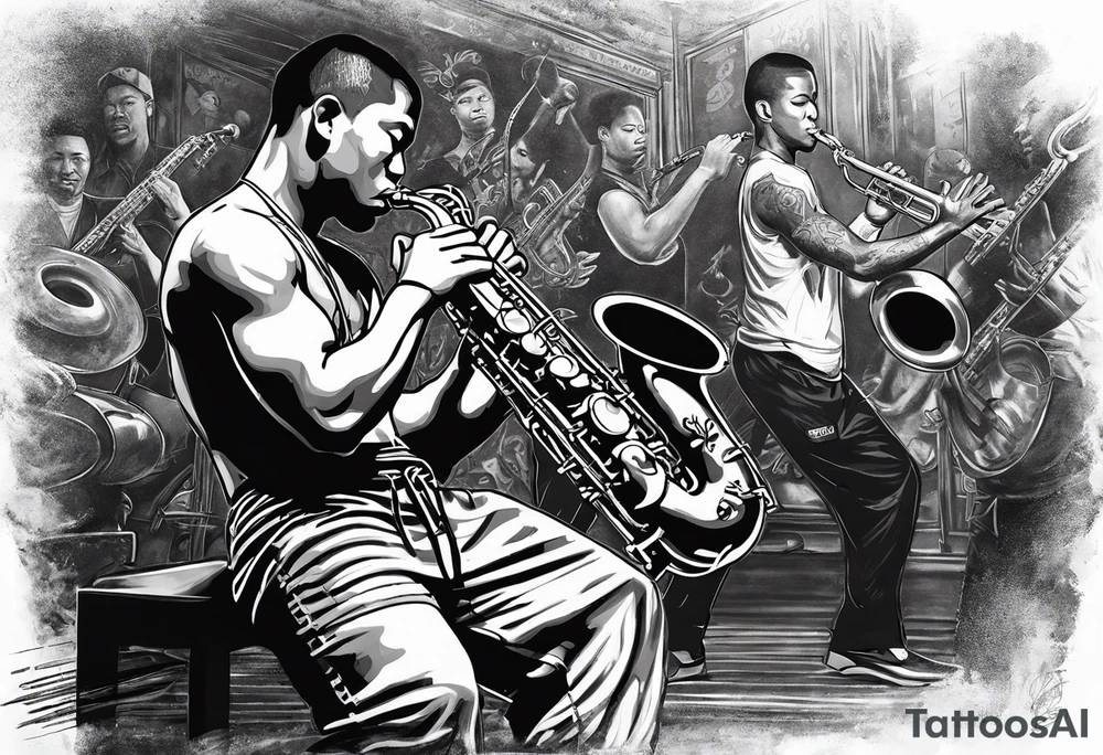 Muay Thai boxer with strong body is playing jazz on a Selmer tenor saxophone in an American jazz club front of a new orleans jazz trio band. The music notes are coming out from the saxophone and turning into buddhist symbols. tattoo idea