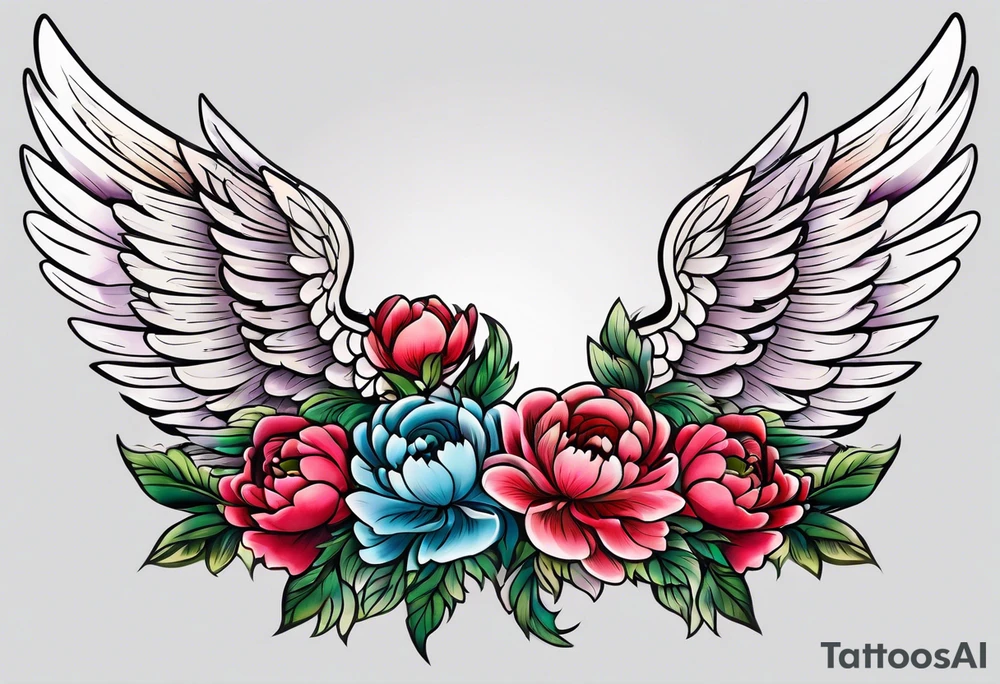 beautiful angel wings with colorful, peonies. beautiful flilligree in the background , full color, traditional old school , white background tattoo idea