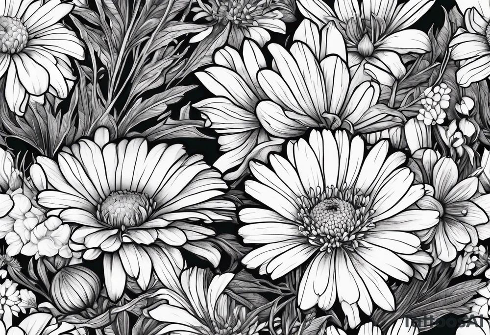 botanical illustration of full plant aster, daisy, and carnations tattoo idea