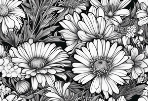 botanical illustration of full plant  aster, daisy, and carnations tattoo idea