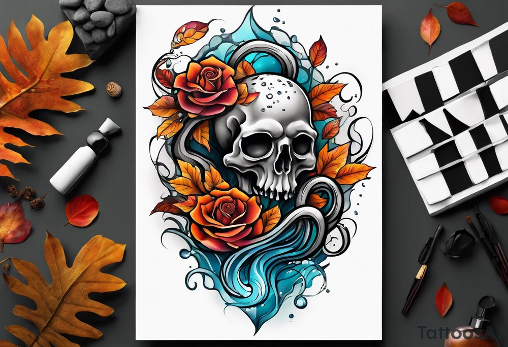 abstract left thigh tattoo with an octopus in water swirls wrapping around rocks, a rose, in fall colors with some small leaves and fall elements tattoo idea