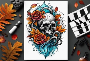 abstract left thigh tattoo with an octopus in water swirls wrapping around rocks, a rose, in fall colors with some small leaves and fall elements tattoo idea