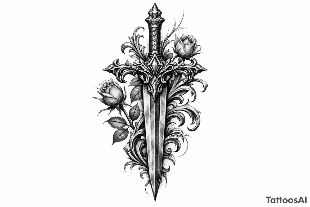 Intricate black and grey filigree sword with delicate rose buds. tattoo idea
