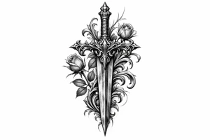 Intricate black and grey filigree sword with delicate rose buds. tattoo idea