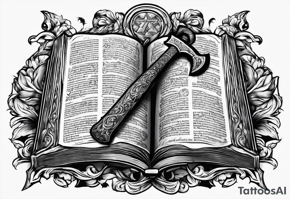 An opened bible with a battle Axe tattoo idea
