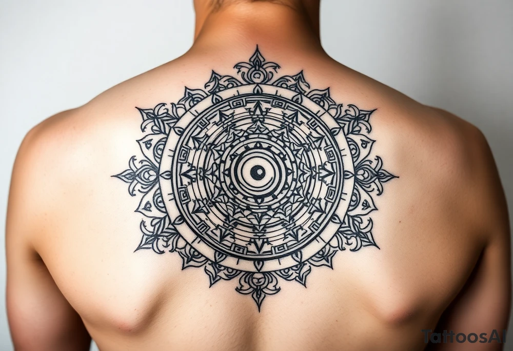 A sacred Thai Sak Yant tattoo design, deeply spiritual, hand-poked style, intricate black linework with geometric patterns and mantras. Central motif: an Unalome spiral representing the spiritual path, symbolizing freedom from addictions, regrets, and negative behaviors. Around it, elements of the Gao Yord (nine spires) for protection, discipline, and mental clarity. Incorporate subtle imagery of flowing time (like a stylized hourglass or lotus petals falling) to remind that life is limited and must be lived fully. The design should radiate energy of self-concentration, inner strength, and detachment from comparison with others. Minimal shading, authentic Thai sak yant style, symmetrical and sacred, suitable for tattoo. tattoo idea