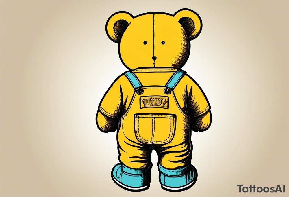 image of the back of a light brown teddy bear standing in yellow overalls, striped tank top and wearing boots tattoo idea