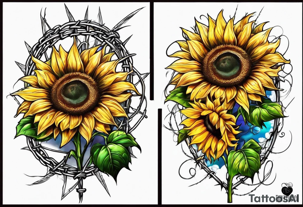 Sunflower and barbed wire half sleeve tattoo idea