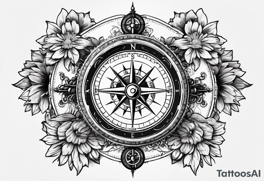 A Vintage compass with gears and marigold flower behind the compass. tattoo idea