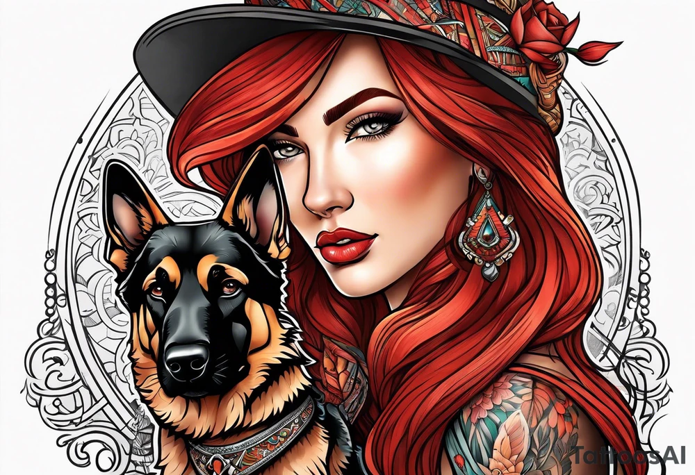 red hair woman with German shepherd dog tattoo idea