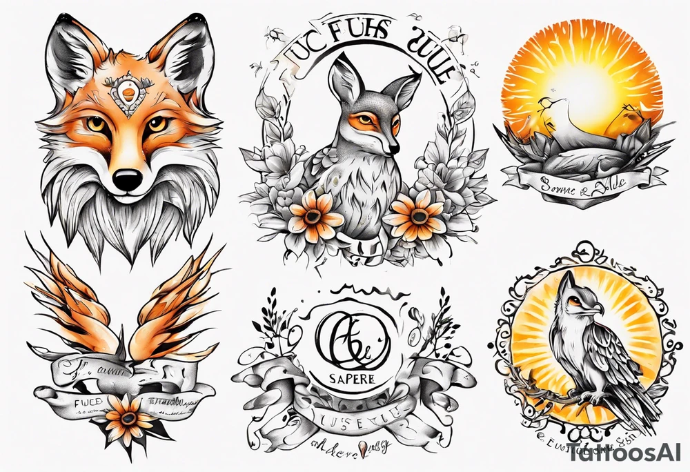 Fuchs und Eule unter der Sonne mit dem Schriftzug Sapere Aude tattoo idea