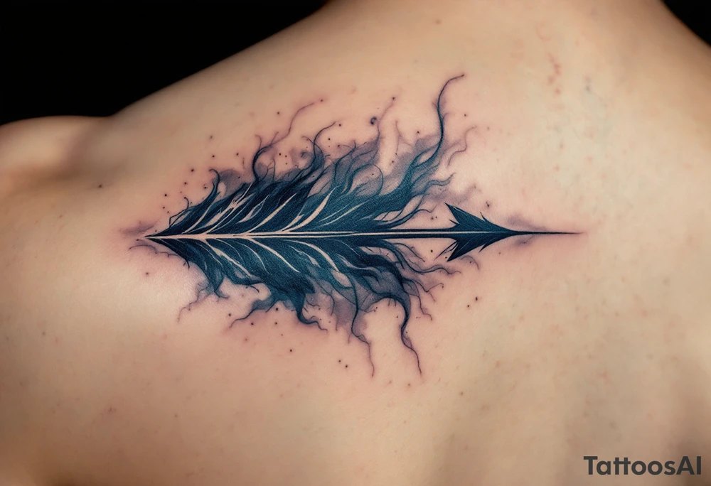 An arrow made of twisting shadows and mist in shades of dark gray and deep indigo, embodying mystery and illusion. tattoo idea