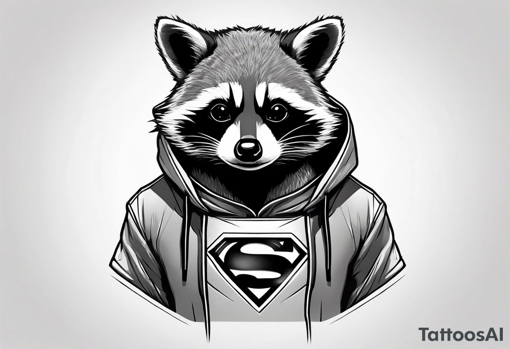 raccoon wearing a Superman hoodie tattoo idea