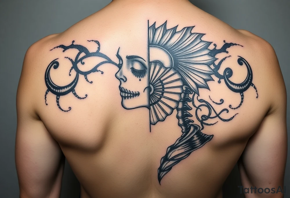 Samaria beauty  girl half face and half skeleton with a fan across her face tattoo idea