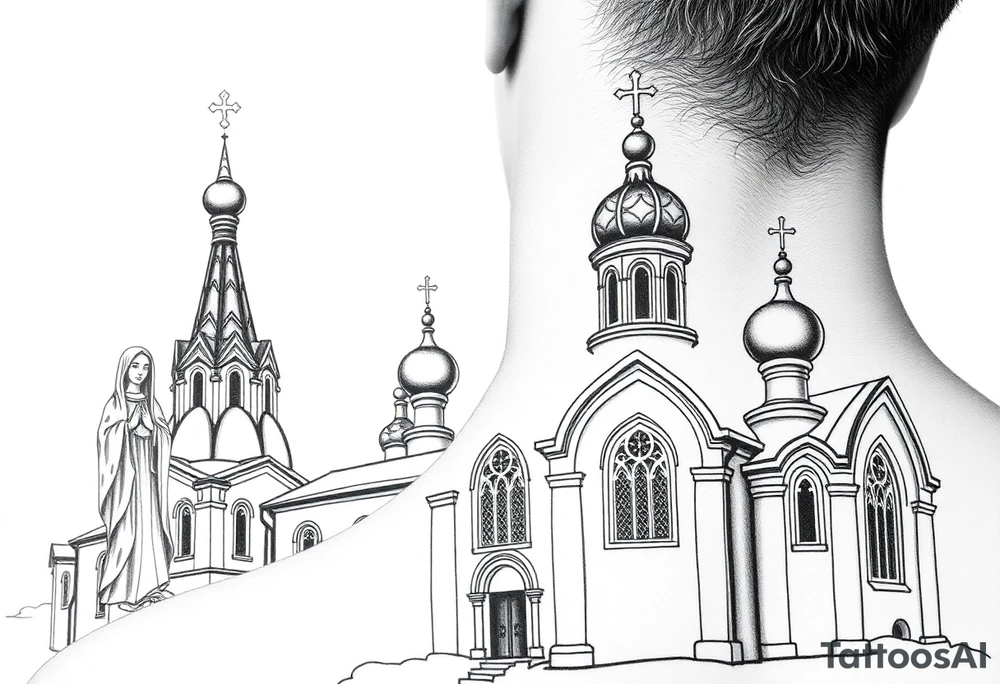 Russian orthodox church with bulb domes with a prominent russian orthodox style virgin mary stood outside to the left tattoo idea