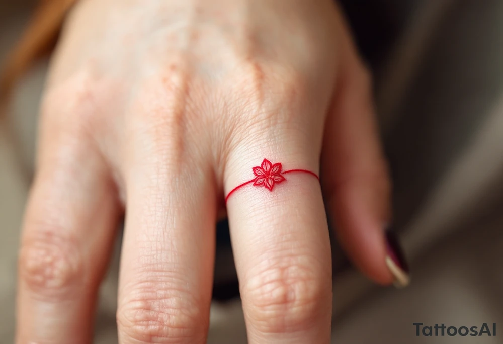 A tiny, delicate red band looped around the finger tattoo idea