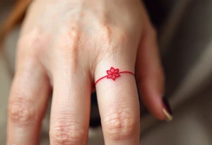 A tiny, delicate red band looped around the finger tattoo idea