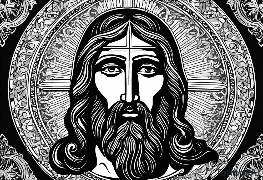 An icon of the haloed head of a flat, stern Byzantine Christ with all-demanding, soul-piercing eyes. tattoo idea