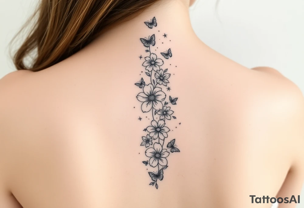 Flowers vertically down the spine surrounded by small butterflies and sparkles

Less flowers tattoo idea