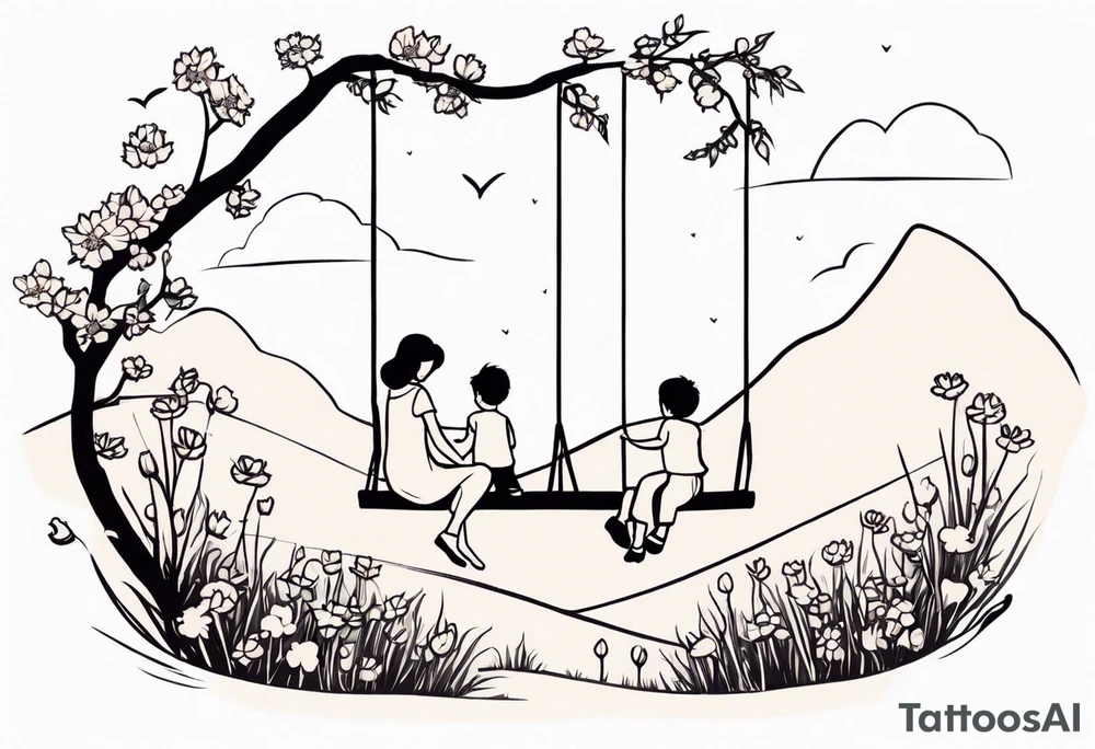 Mom with son and daughter on a swing in the distance in a field of flowers tattoo idea