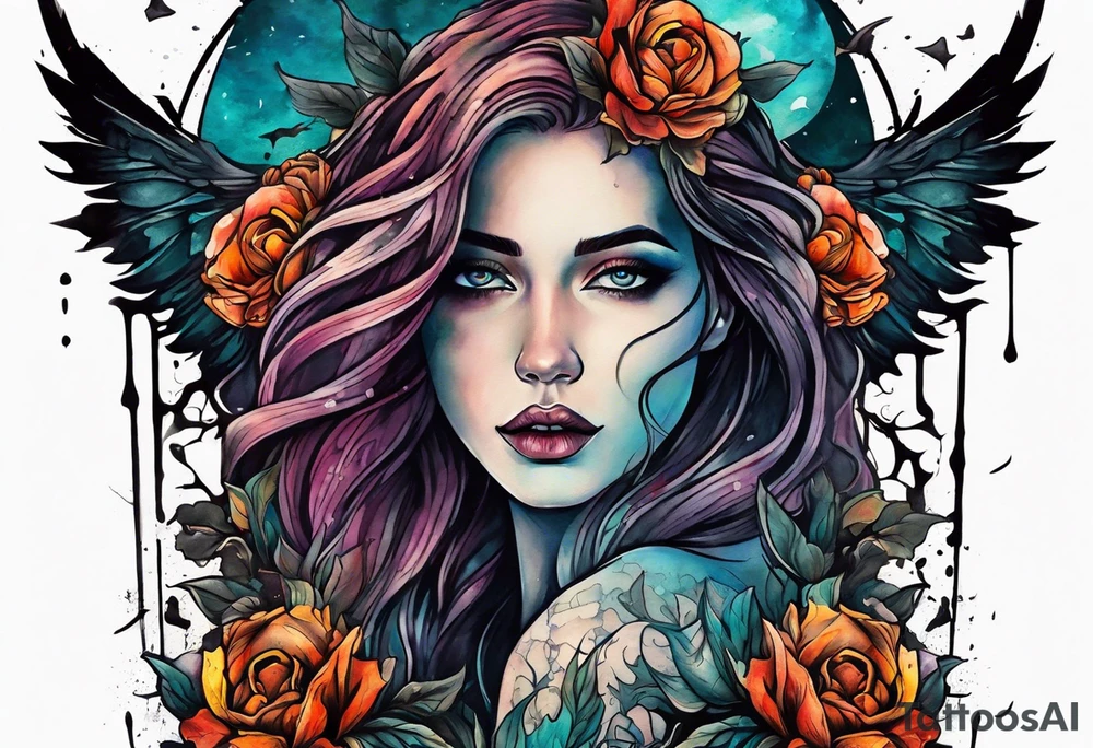Courageous Woman with a tear running down her face walking out of a graveyard  leaving her old terrifying, scary, violent past behind her ethereal and mysterious tattoo idea