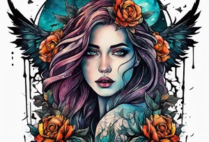 Courageous Woman with a tear running down her face walking out of a graveyard  leaving her old terrifying, scary, violent past behind her ethereal and mysterious tattoo idea