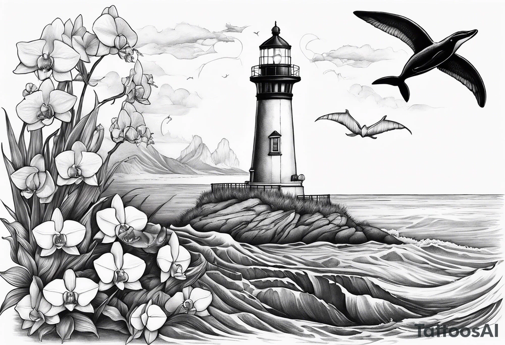 Lighthouse on a beach with a humpback whale's tail sticking out of the water of the ocean with a border containing an anchor and orchids tattoo idea