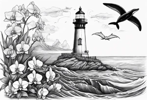 Lighthouse on a beach with a humpback whale's tail sticking out of the water of the ocean with a border containing an anchor and orchids tattoo idea