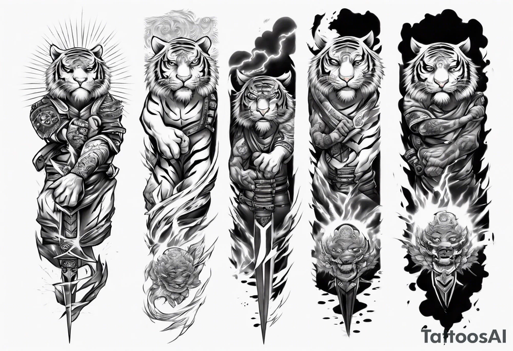 tiger warrior with lightning and the sun for a forearm sleeve tattoo idea
