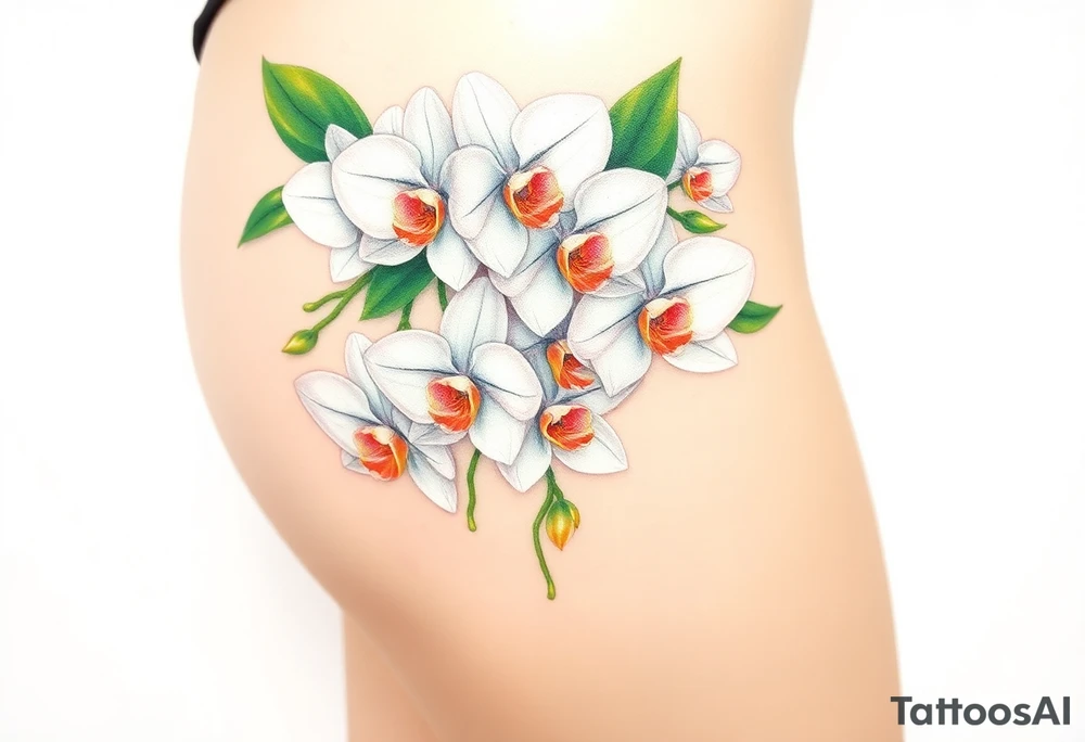 A cluster of white orchids cascading down a shoulder, surrounded by soft green leaves and golden accents. tattoo idea