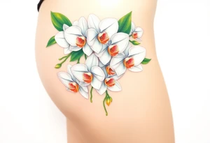 A cluster of white orchids cascading down a shoulder, surrounded by soft green leaves and golden accents. tattoo idea